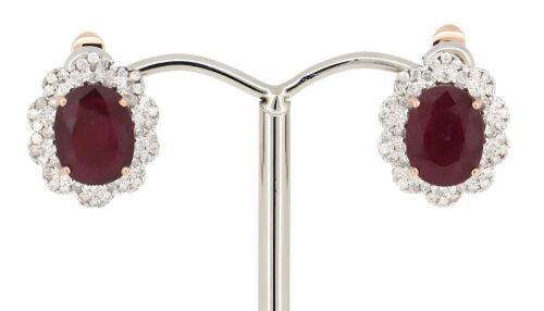 14K Rose Gold, Ruby and Diamond, Floral Style Halo Earrings