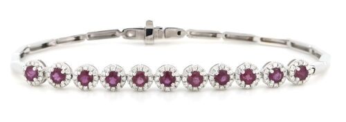 14K White Gold, Ruby and Diamond, Halo Bracelet