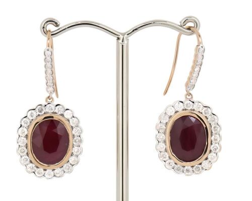 14K Rose/White Gold, Ruby and Diamond, Halo Drop Earrings