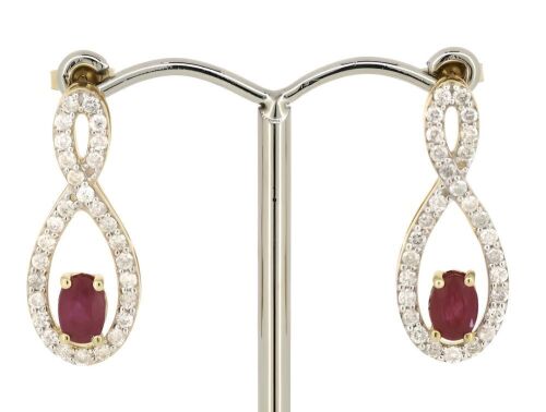 14K Yellow Gold, Ruby and Diamond, Infinity Style Drop Earrings