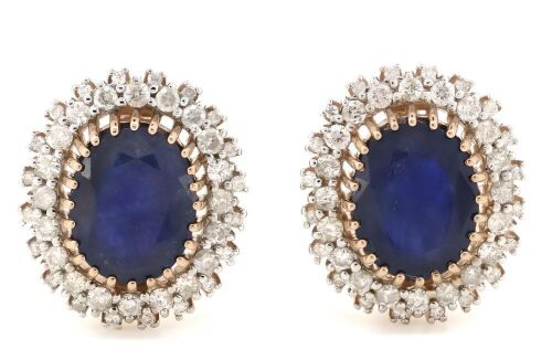 14K Rose Gold, Blue Sapphire and Diamond, Antique Style Halo Earrings