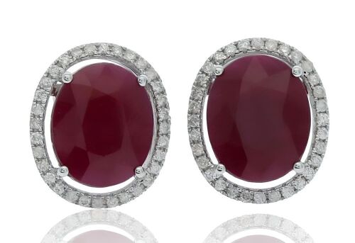 9K White Gold Rubies and Diamond Halo Earrings