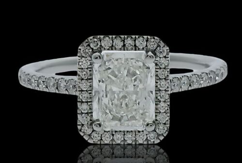 18K White Gold GIA Radiant cut Diamond Halo Engagement ring