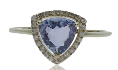 9K Yellow Gold Trilliant cut Tanzanite and Diamond Halo Dress Ring