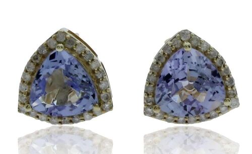 9K Yellow Gold Trilliant cut Tanzanite and Diamond Halo stud earrings