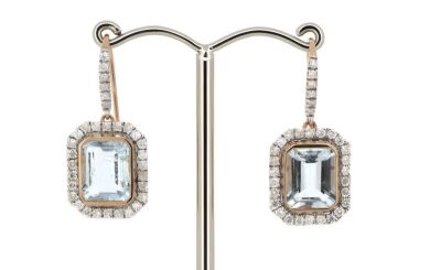 14K Rose Gold, Aquamarine and Diamond, Halo Drop Earrings