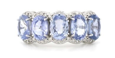 14K White Gold, 6.07ct TSW Blue Ceylon Sapphire and Diamond, Decorative Band Ring