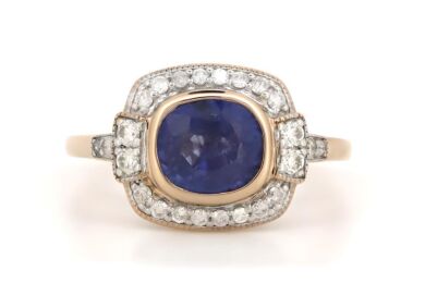 14K Rose Gold, Blue Ceylon Sapphire and Diamond, Halo Ring