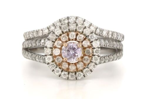 14K White & Rose Gold, Pink Diamond and Diamond, Double Halo Ring Set