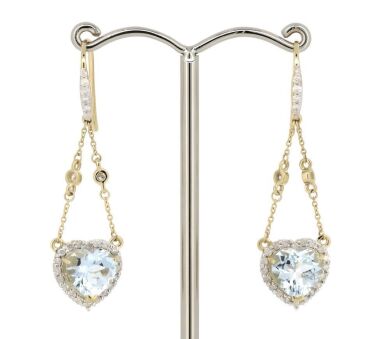 14K Yellow Gold, Aquamarine and Diamond, Heart Shaped Chandelier Earrings