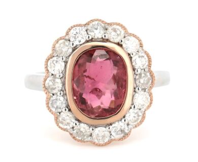 14K White/Rose Gold, Pink Tourmaline and Diamond, Scalloped Halo Ring