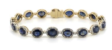 14K Yellow Gold, Blue Sapphire and Diamond, Halo Bracelet