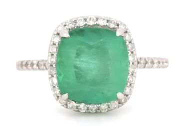 14K White Gold, Colombian Emerald and Diamond, Halo Ring