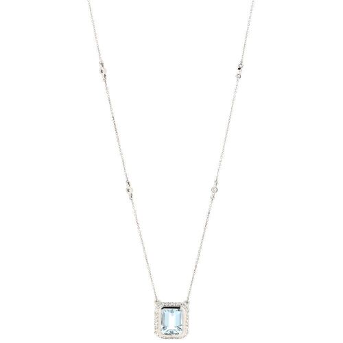 14K White Gold, Aquamarine and Diamond, Halo Pendant Necklace