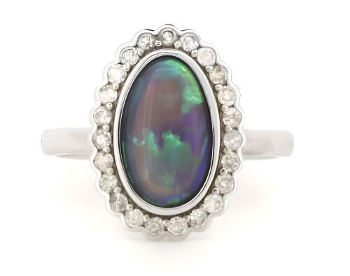 14K White Gold, Lightening Ridge Opal and Diamond, Halo Ring