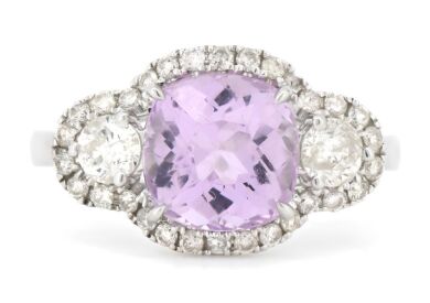 14K White Gold, Kunzite and Diamond, Halo Trilogy Style Ring