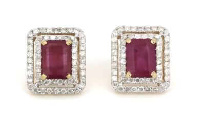 14K Yellow Gold, Ruby and Diamond, Double Halo Stud Earrings