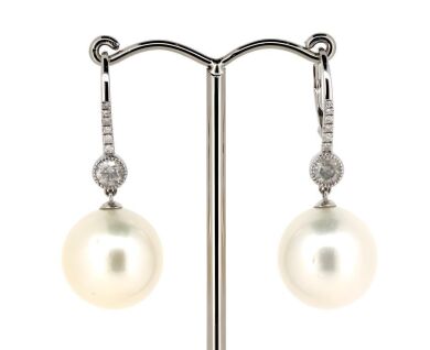 14K White Gold, White Cultured South Sea Pearl and Diamond, Drop Earrings