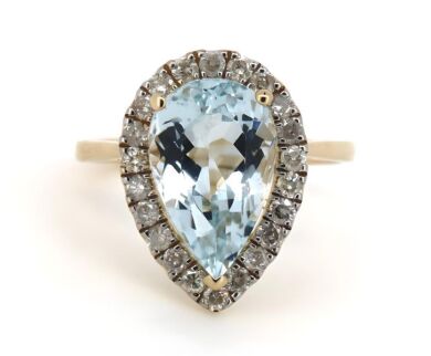 14K Yellow Gold, Aquamarine and Diamond, Pear Cut Halo Ring