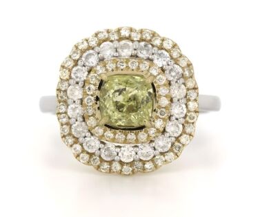 14K White Gold, Fancy Yellow Diamond and Diamond, Triple Halo Ring