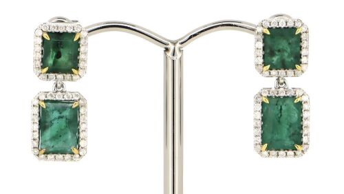 14K White Gold, Emerald and Diamond, Double Drop Halo Earrings