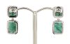 14K White Gold, Emerald and Diamond, Double Drop Halo Earrings - 3