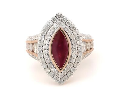 14K Rose Gold, Ruby & Diamond, Marquise Double Halo Dress Ring