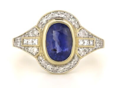 14K Yellow Gold, Blue Ceylon Sapphire and Diamond, Halo Decorative Ring