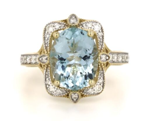 14K Yellow Gold, Aquamarine and Diamond, Antique Style Ring