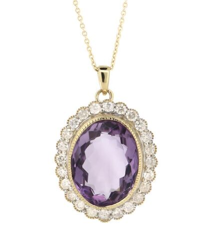 14K Yellow Gold, 9.03ct Amethyst and Diamond, Halo Pendant Necklace