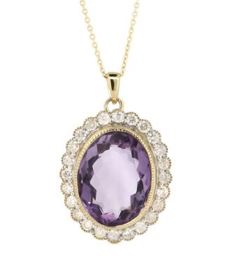 14K Yellow Gold, 9.03ct Amethyst and Diamond, Halo Pendant Necklace