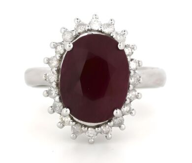 14K White Gold, Ruby and Diamond, Vintage Style Halo Ring