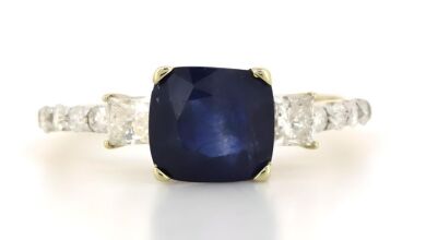 14K Yellow Gold, Blue Ceylon Sapphire and Diamond, Trilogy Style Ring