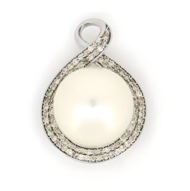 14K White Gold, White Cultured South Sea Pearl and Diamond, Infinity Design Pendant