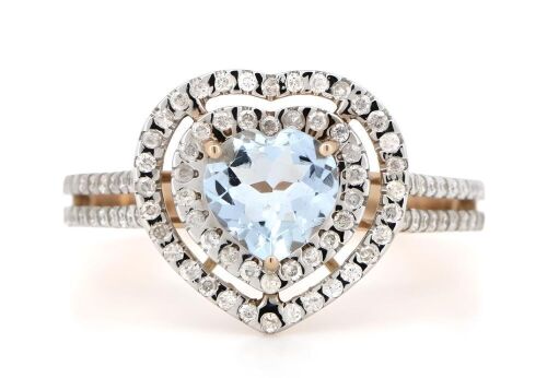 14K Rose Gold, Aquamarine and Diamond, Heart Shaped Double Halo Ring