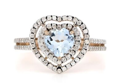 14K Rose Gold, Aquamarine and Diamond, Heart Shaped Double Halo Ring