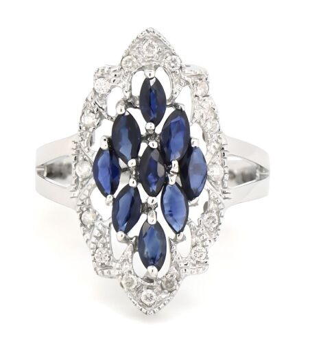 14K White Gold, Blue Sapphire and Diamond, Art Deco Ring