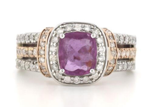 14K White Gold, Pink Sapphire and Diamond, Halo Decorative Ring