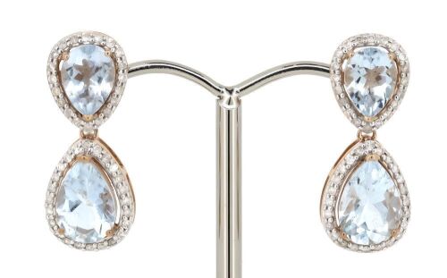 14K Rose Gold, Aquamarine and Diamond, Halo Double Drop Earrings