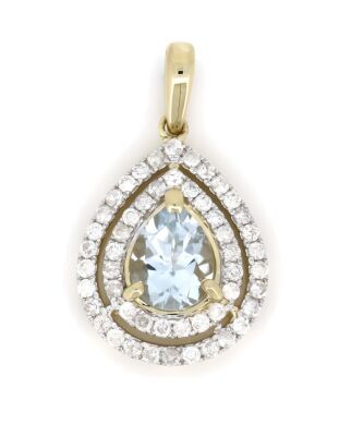 14K Yellow Gold, Aquamarine and Diamond, Double Halo Pendant