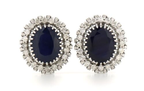 14K White Gold, Blue Sapphire and Diamond, Antique Style Earrings