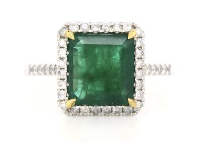 14K White Gold, Emerald and Diamond, Halo Ring