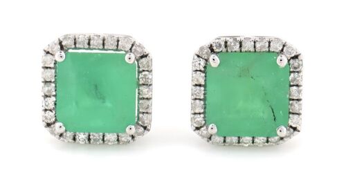 14K White Gold, Colombian Emerald and Diamond, Halo Stud Earrings