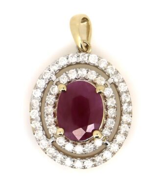 14K Yellow Gold, Ruby and Diamond, Double Halo Pendant