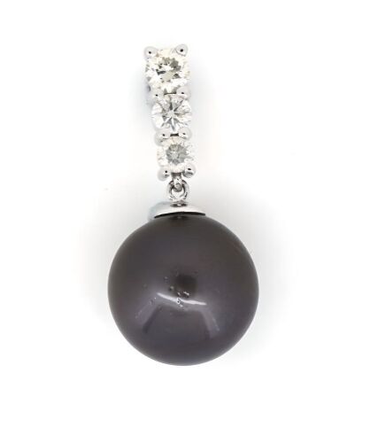 14K White Gold, Black Tahitian Pearl and Diamond, Drop Pendant