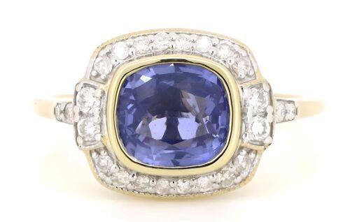 14K Yellow Gold, Ceylon Sapphire and Diamond, Vintage Style Halo Ring