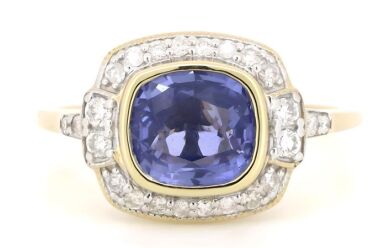 14K Yellow Gold, Ceylon Sapphire and Diamond, Vintage Style Halo Ring