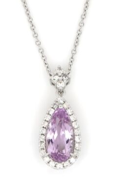 14K White Gold, Kunzite and Diamond, Halo Pendant Necklace