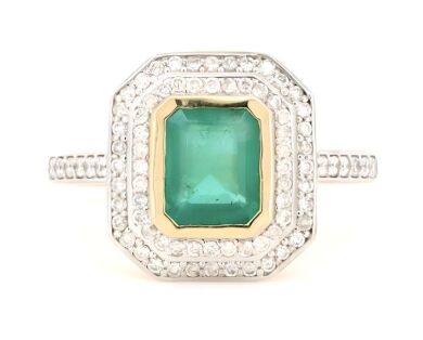 14K Yellow Gold, Colombian Emerald and Diamond, Double Halo Ring