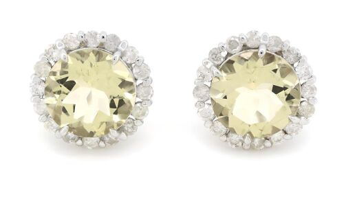 14K White Gold, Heliodor and Diamond, Halo Stud Earrings